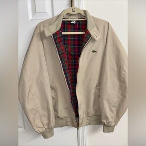 Vintage 80s Izod Lacoste Harrington Jacket Tan Plaid Lined Full Zip Men's M
